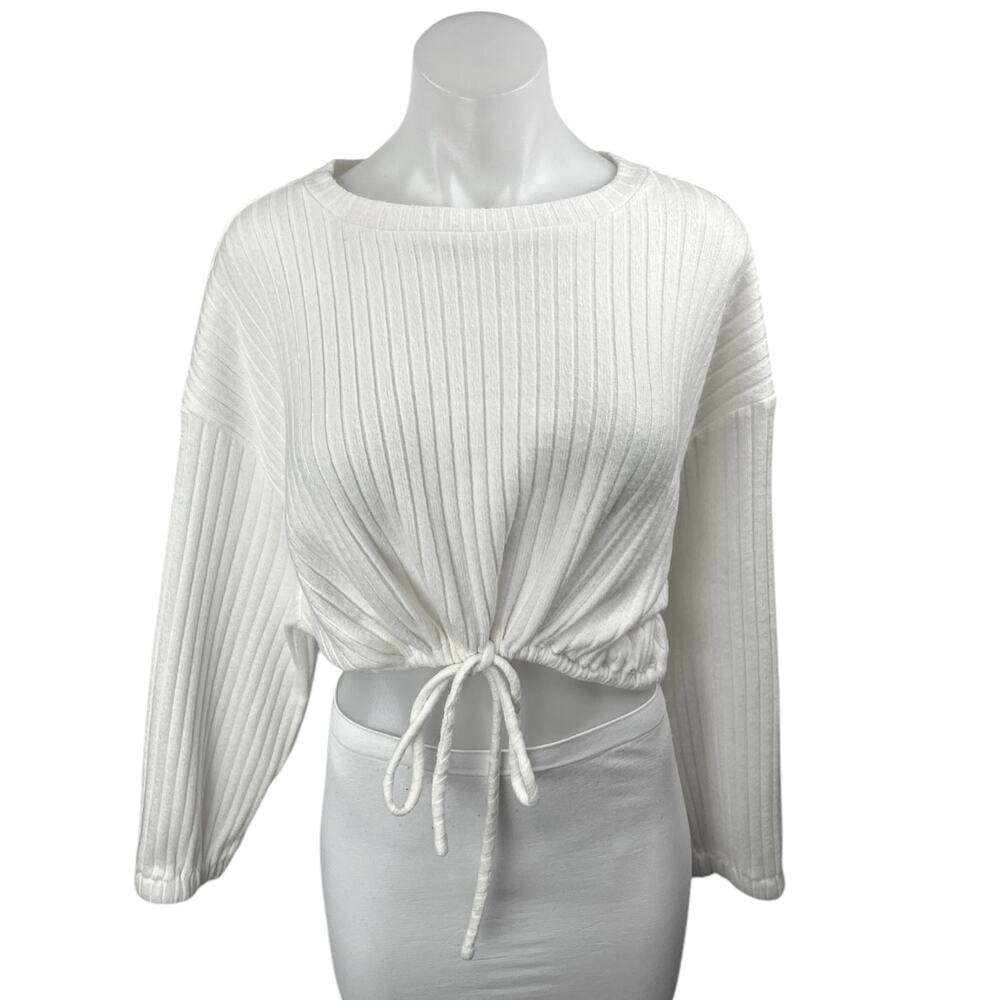 Mimosa Women's White Ribbed Knit Long Sleeve Tie Hem Cropped Sweater Top Size M